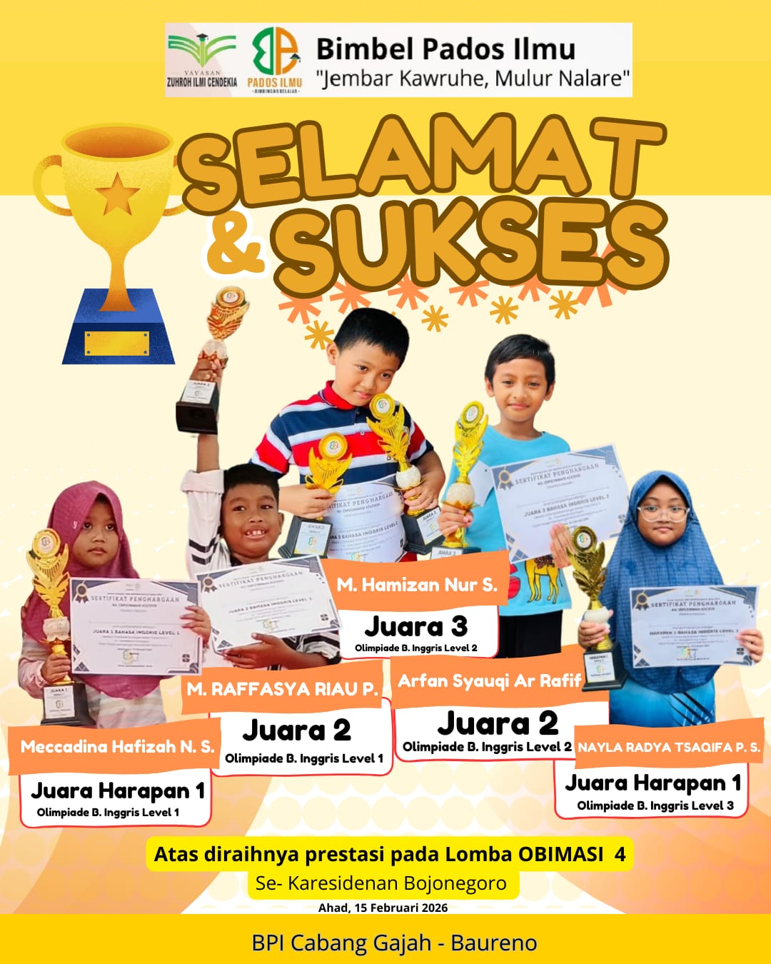 BPI Cabang Gajah Raih 12 Piala dalam Ajang OBIMASI 2026 di Baureno